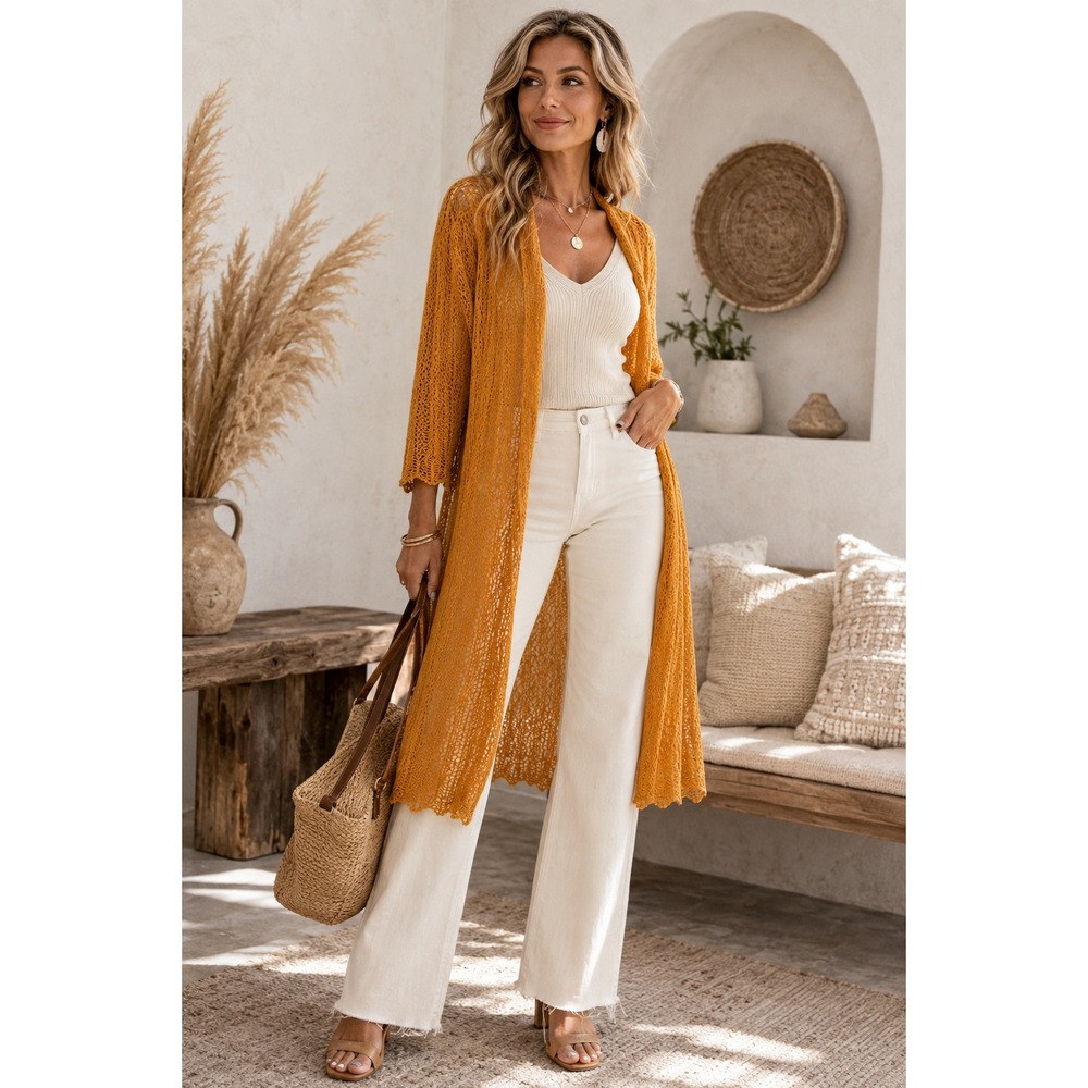 Eileen Fisher Women's Small Mohair Open Knit Duster Cardigan Mustard Boho